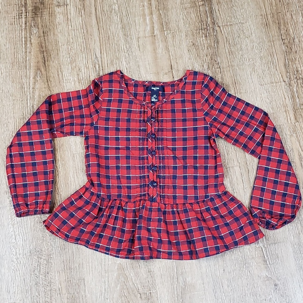 GAP Kids Long Sleeve Plaid Peplum Style Blouse